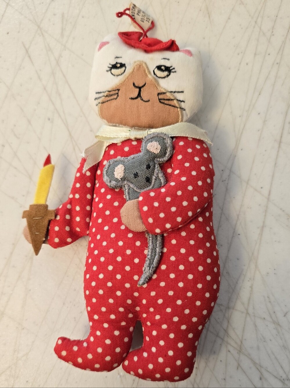 Vintage Stuffed Cloth Cat Holding Candle and Mouse Christmas Ornament READ
